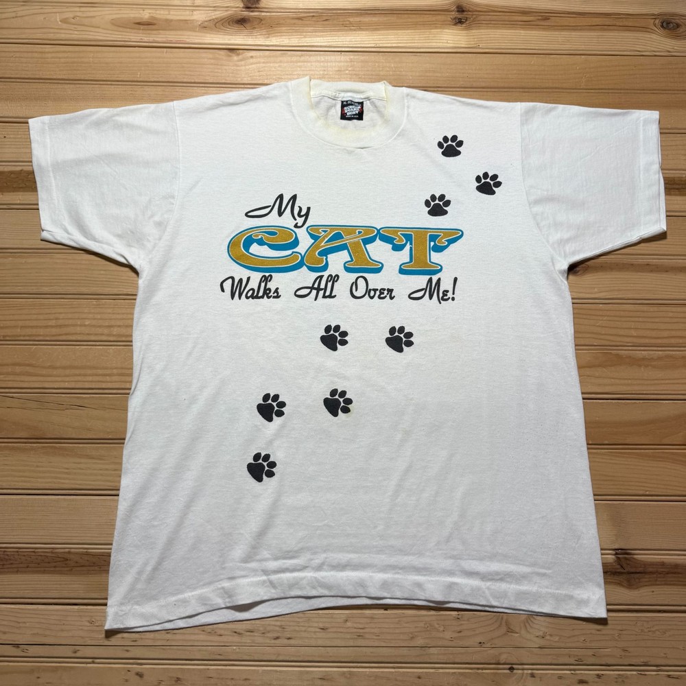 Vintage 80s My Cat Walks All Over Me Paw Prints Graphic T-Shirt USA Made Size XL