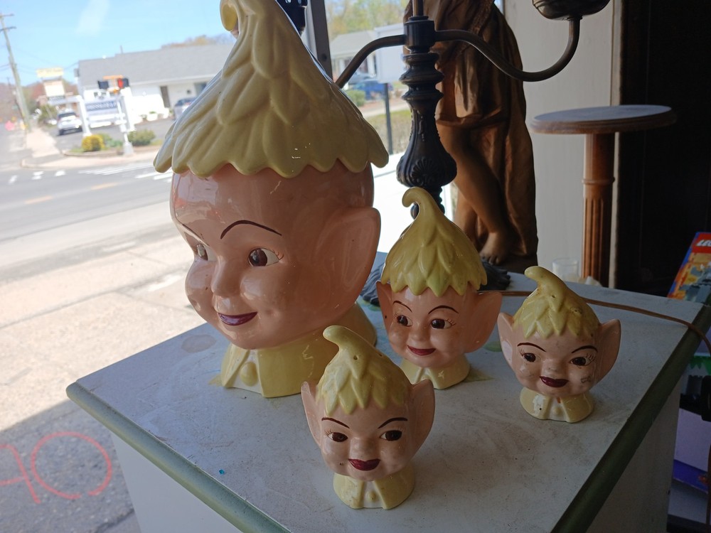 Vintage Pixie Elf Cookie Jar Set , Salt N Pepper, Tea Bag Holder, Nice 4 Pc