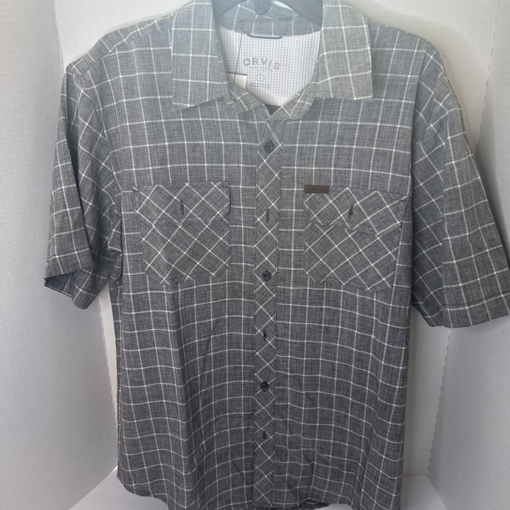 Orvis Shirt Mens Large Gray Plaid Short Sleeve Outdoor Button Front Casual