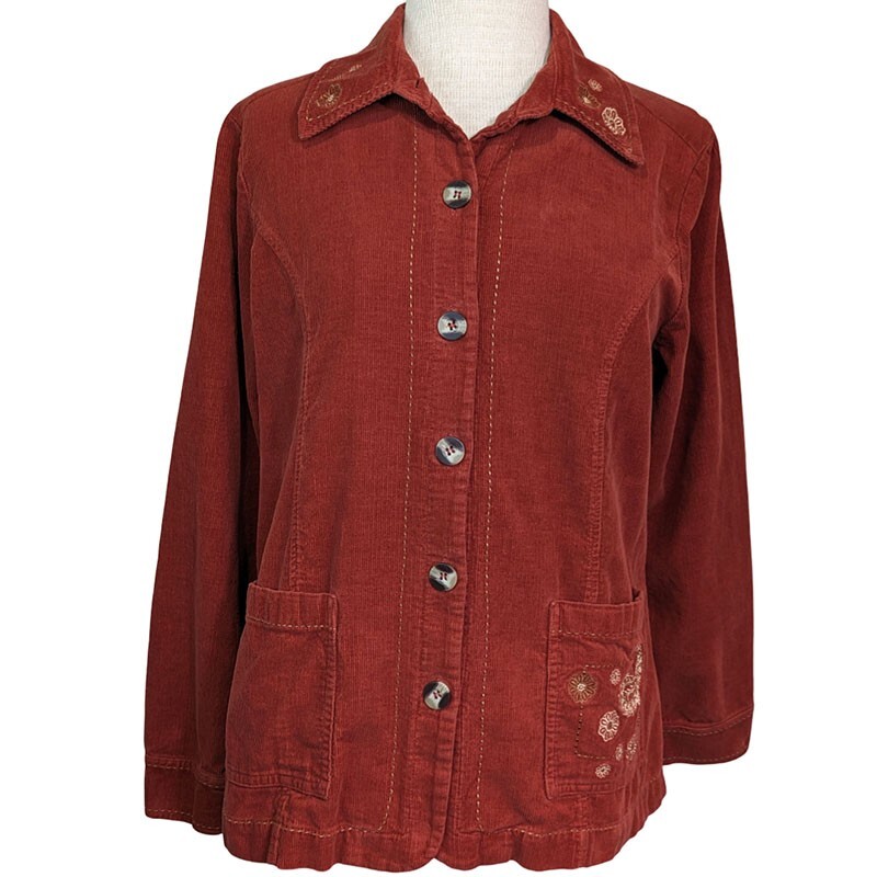 Vintage Rust Orange Corduroy Shacket by Ms Lee Womens Medium Embroidered Button Up