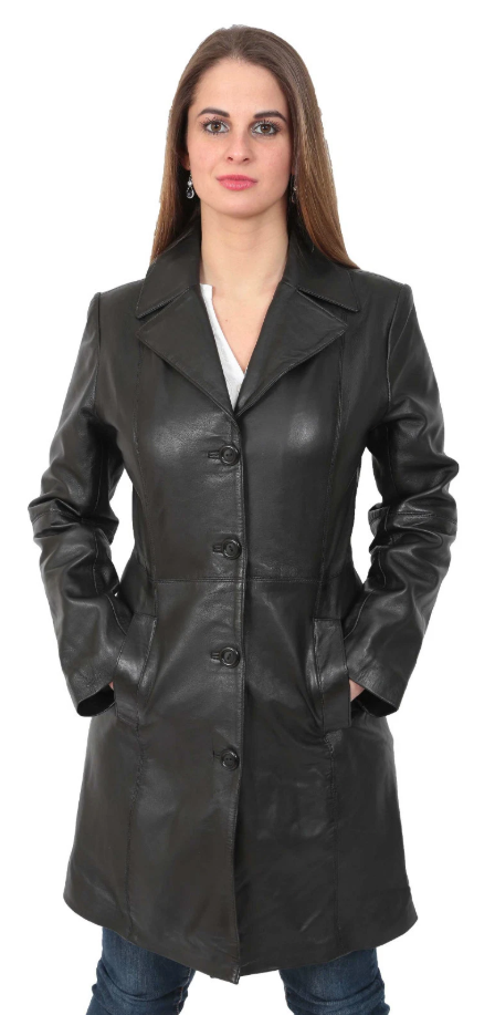 Womens Trench Black Leather Coat 3/4 Long Cynthia Classic Parka Fitted JACKET