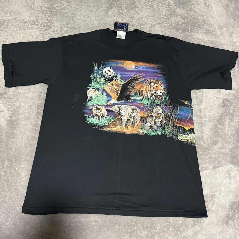 Vintage Wrap Around Print Animals Zoo T Shirt Size XL Black Hazelwoods Deadstock