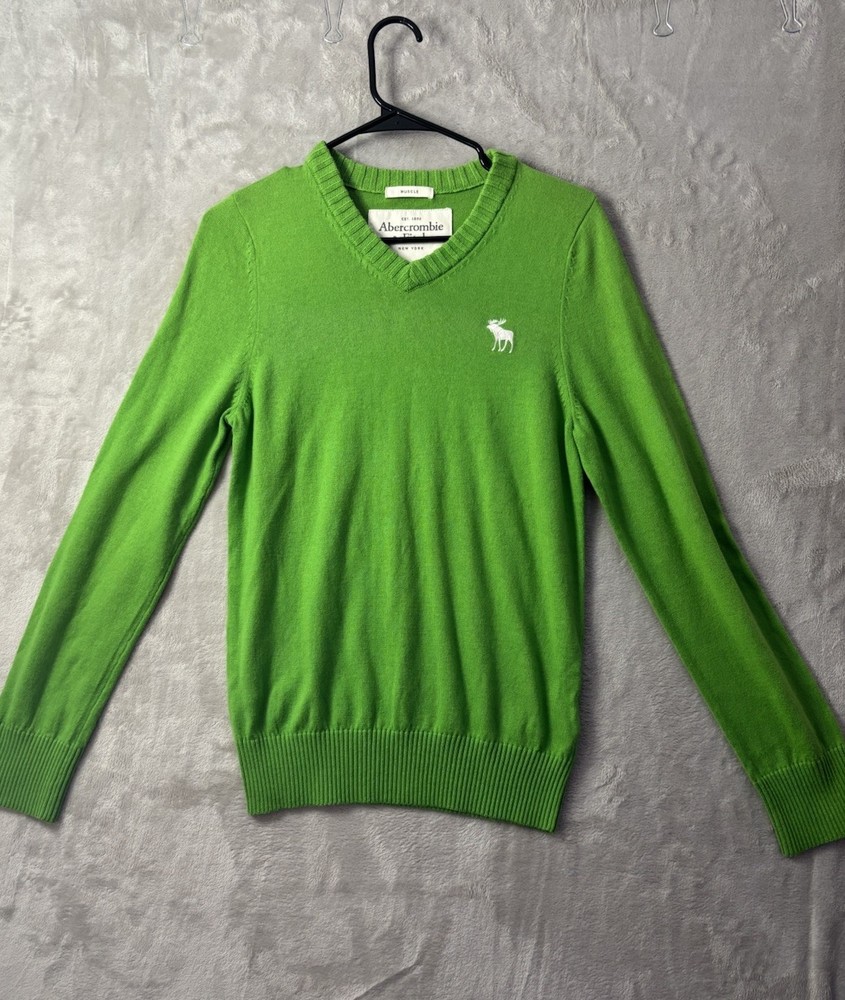 Abercrombie & Fitch Muscle Fit Mens M Green V Neck Sweater Embroidered Moose
