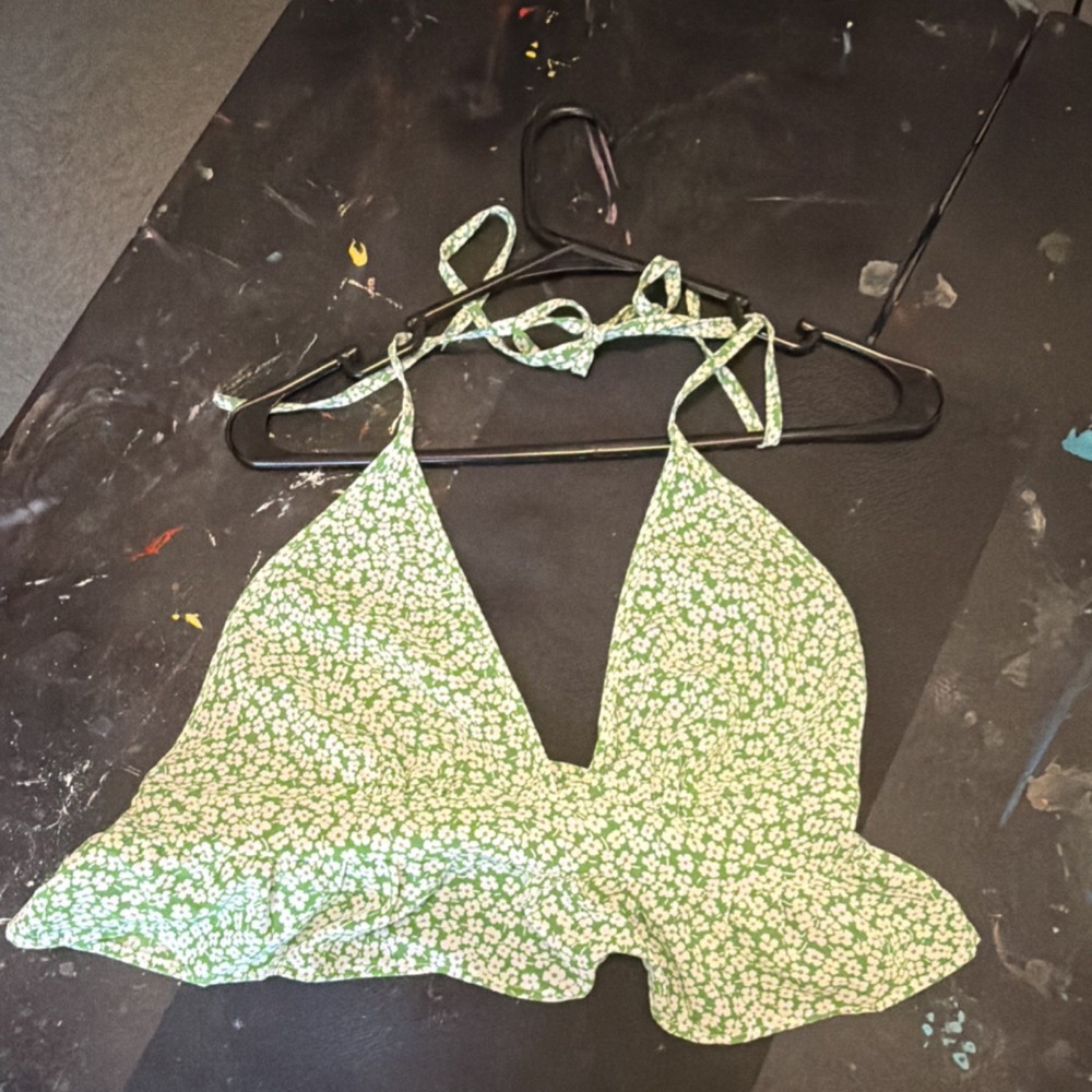 SHEIN Green Floral Ruffle Halter Cropped Sleeveless Tank Top Women L
