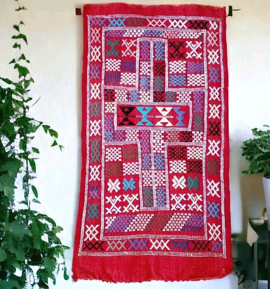 Moroccan Tribal Raw Wool Prayer Rug Folk Art Wall Tapestry Bohemian Decor
