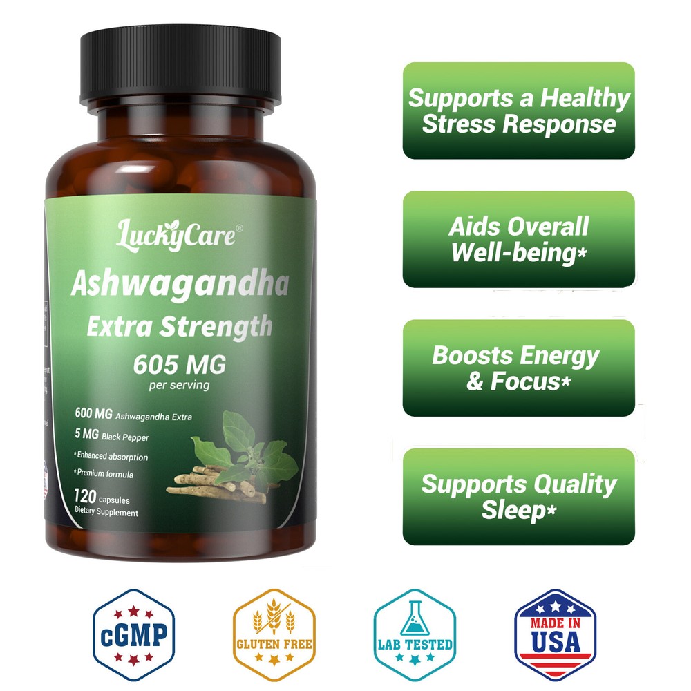 Ashwagandha Extra Organic Capsules Supplement Pepper Root Powder Non-GMO 605mg
