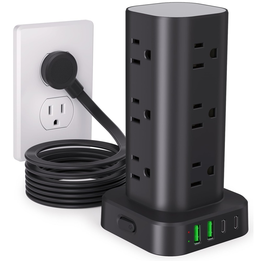 Power Strip Tower with Multiple 10FT without Wireless Charging, Black