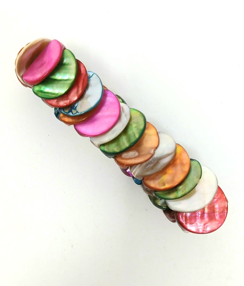 Multicolor Mother of Pearl Boho Beach Stretch Bracelet w/ Half Coin Dyed Shell