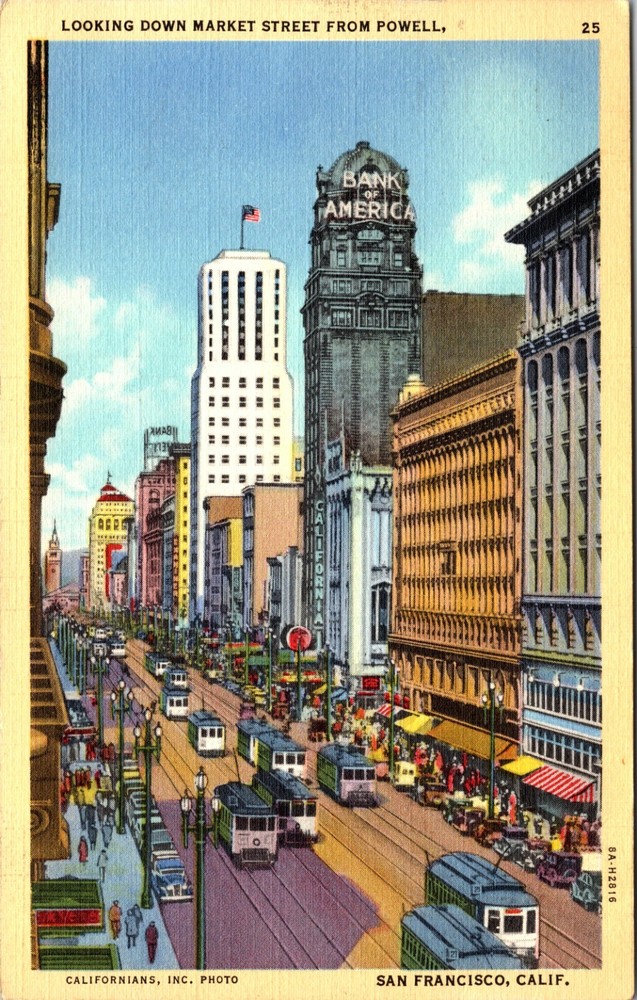 Looking Down Market Street from Powell San Francisco California Vintage Postcard