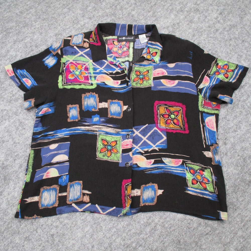Vintage Sag Harbor Shirt Womens Extra Large Black Rayon Abstract Floral 90s Art
