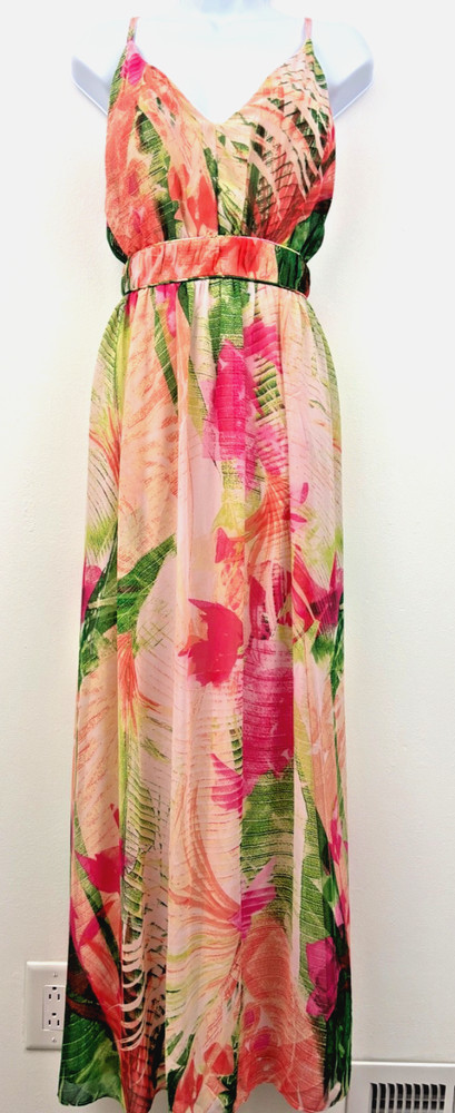 Tropical Floral Maxi Dress Women’s Flowing Chiffon Vacation Resort Summer