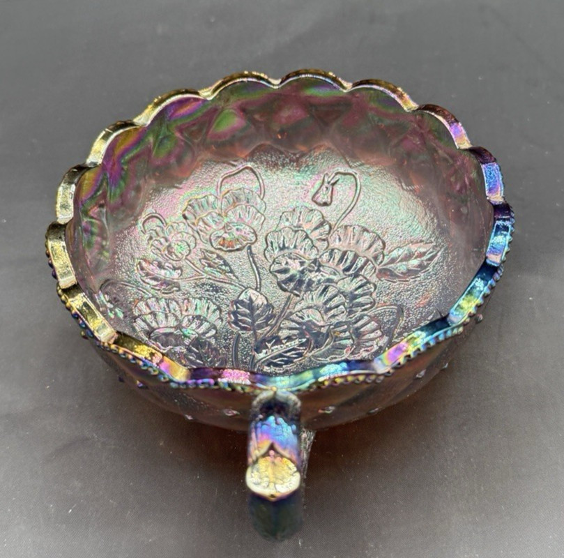 Vintage Iridescent Imperial Carnival Glass Handled Nappy Bowl Pansy Design EC