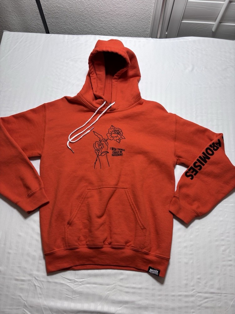 Broken Promises Hoodie Womens Small Orange Fleece Pullover Hooded Sweatshirt