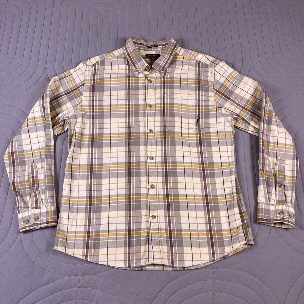 Eddie Bauer Flannel Shirt Mens L Classic Fit Plaid Gray Yellow Button Down