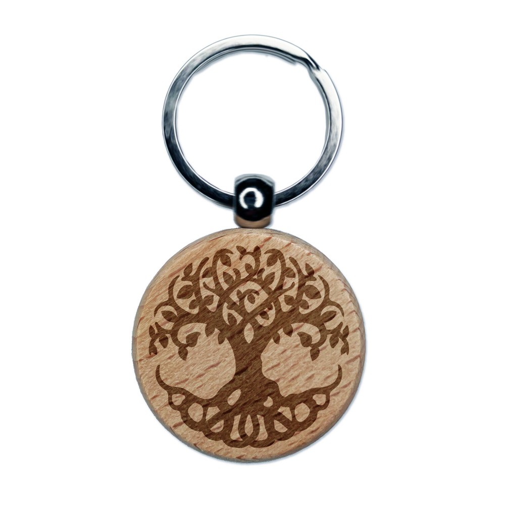 Tree of Life Engraved Wood Round Keychain Tag Charm