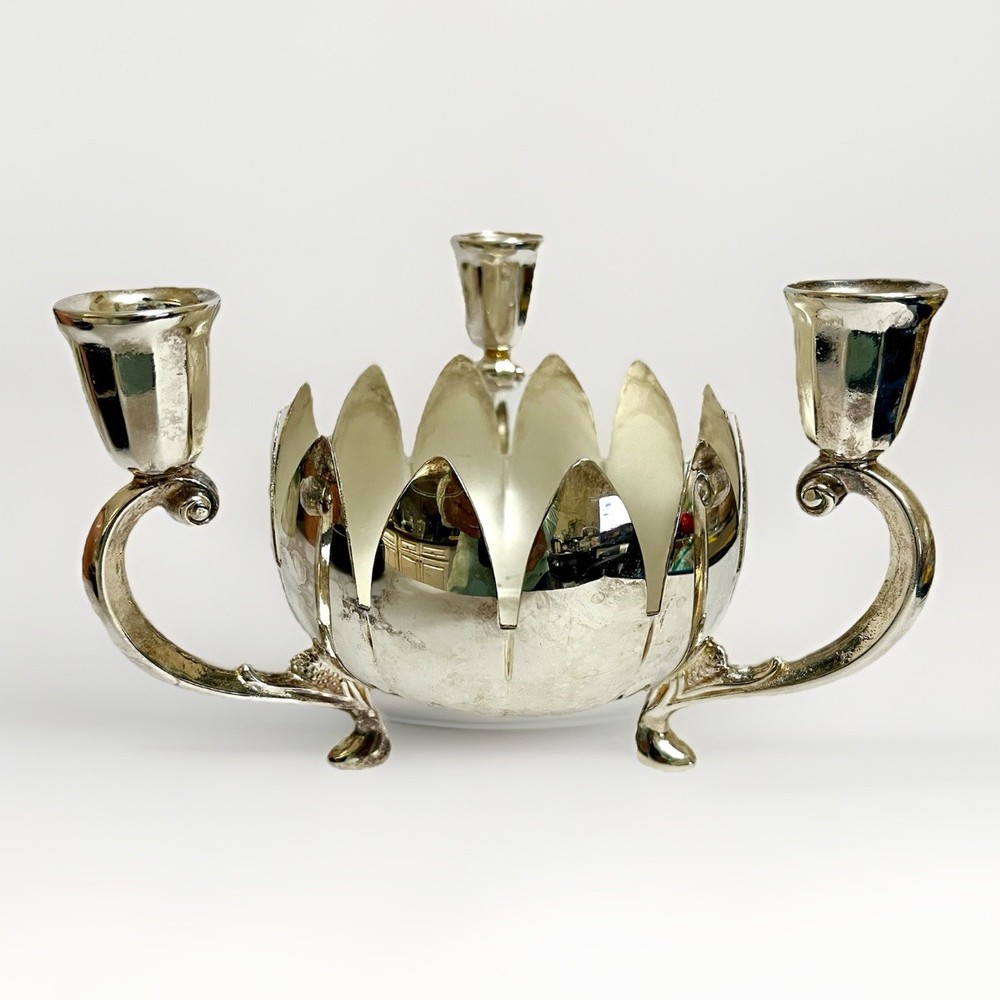 Vintage Silver Plate Triple Candle Holder Lotus Bowl Made in Italy