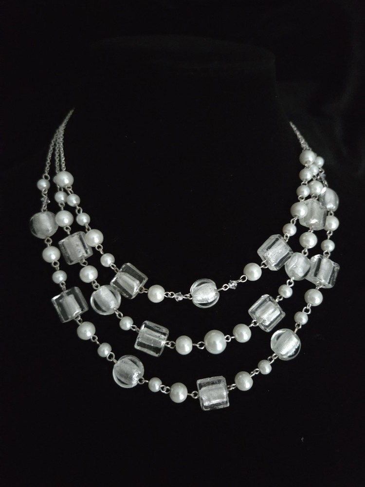 Vintage Signed WHBM Pearl & Crystal Necklace White House Multi-strand Clear