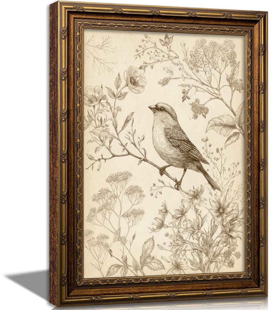 Vintage Gold Framed Bird Canvas Wall Art Retro Farmhouse Sparrow Painting Pic...