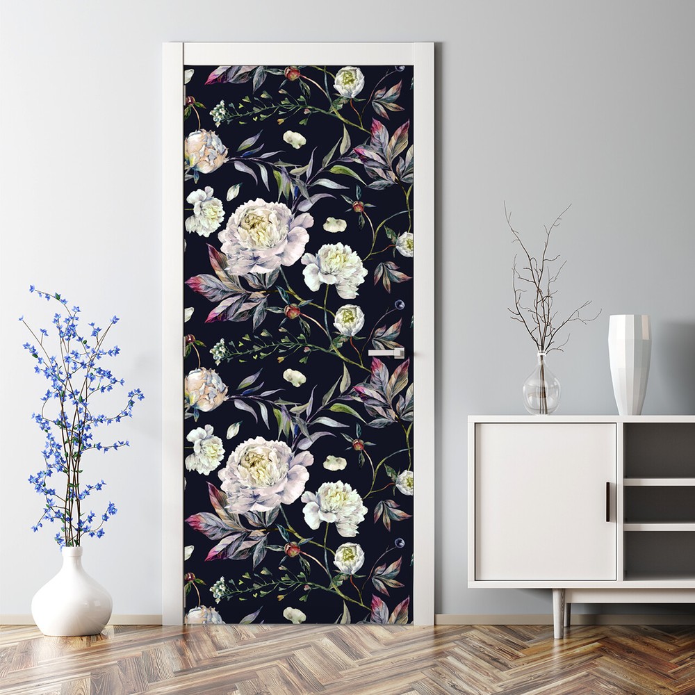 Elegant White Peonies Watercolor Door Decal Bubble-Free Dark Art