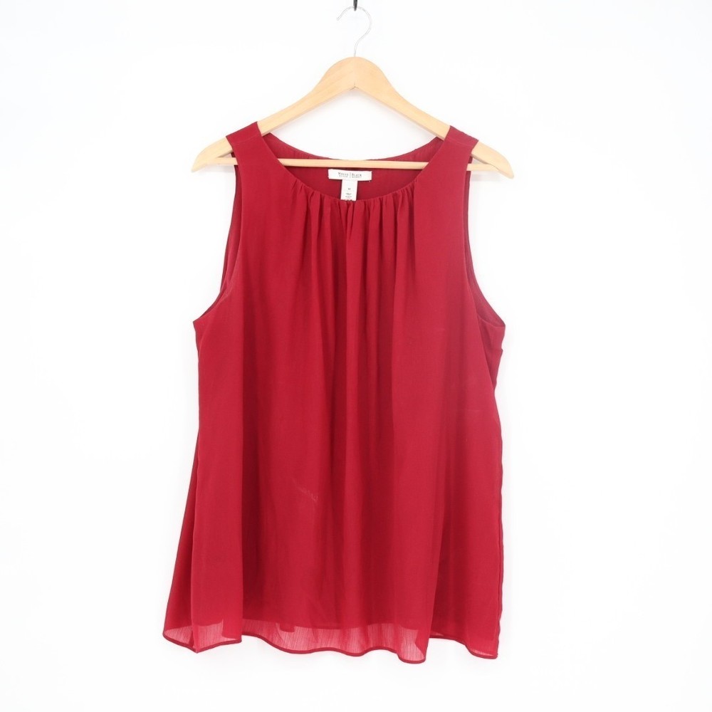 White House Black Market Tank Top Women Medium Red Pleated Round Neck Wide Strap