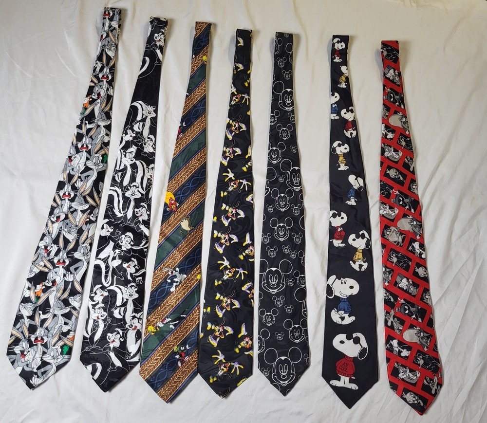 Vintage 90s Cartoon Tie Lot: Looney Tunes, Mickey Mouse, Snoopy, Bugs Bunny