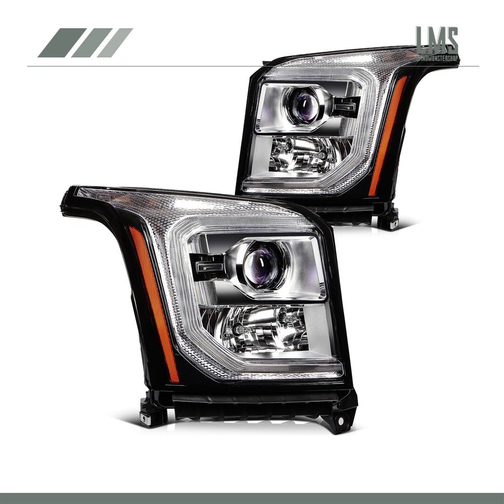 For GMC Yukon 2015-2017 Chrome Housing Projector Front Headlights Assembly Pair