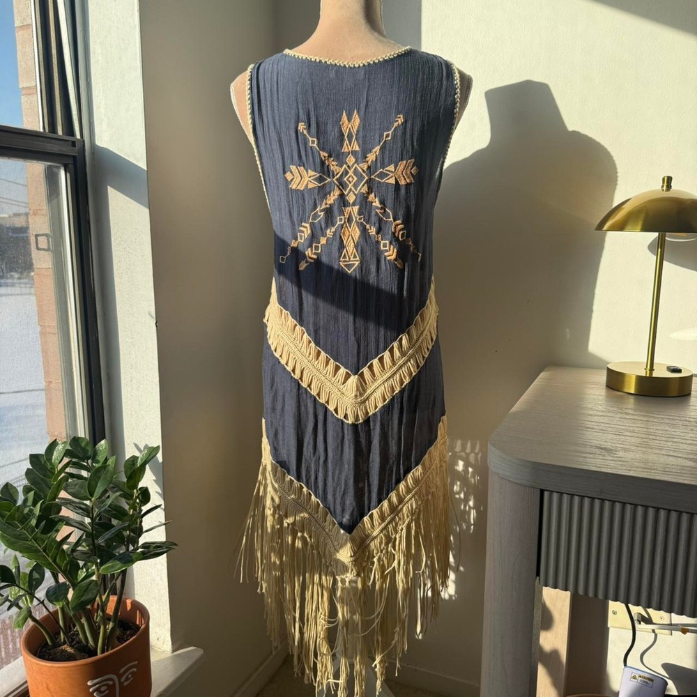 UMGEE | Boho Fringe Open Front Navy Blue Cardigan Duster Aztec Print | Size S