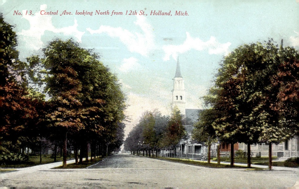 C1910 Holland Michigan Central Ave North 12th St Church Hand Colored Postcard