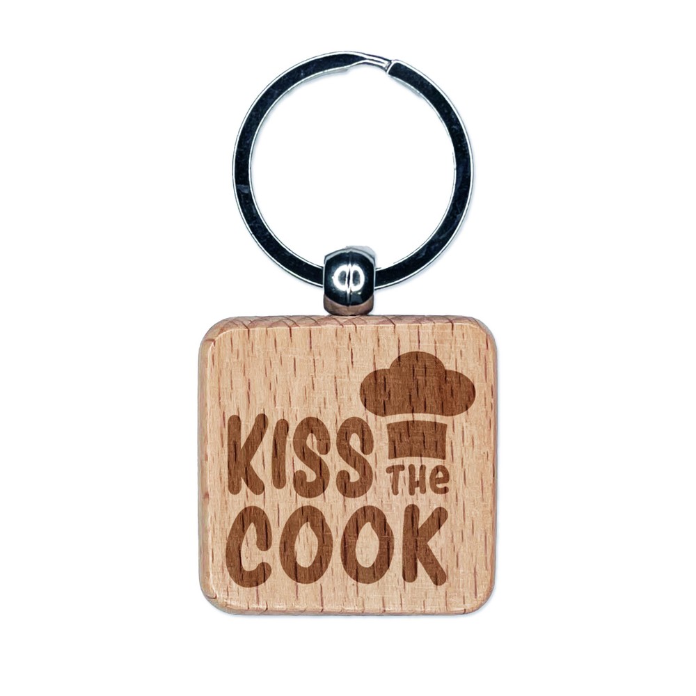 Kiss the Cook Cooking Chef Engraved Wood Square Keychain Tag Charm