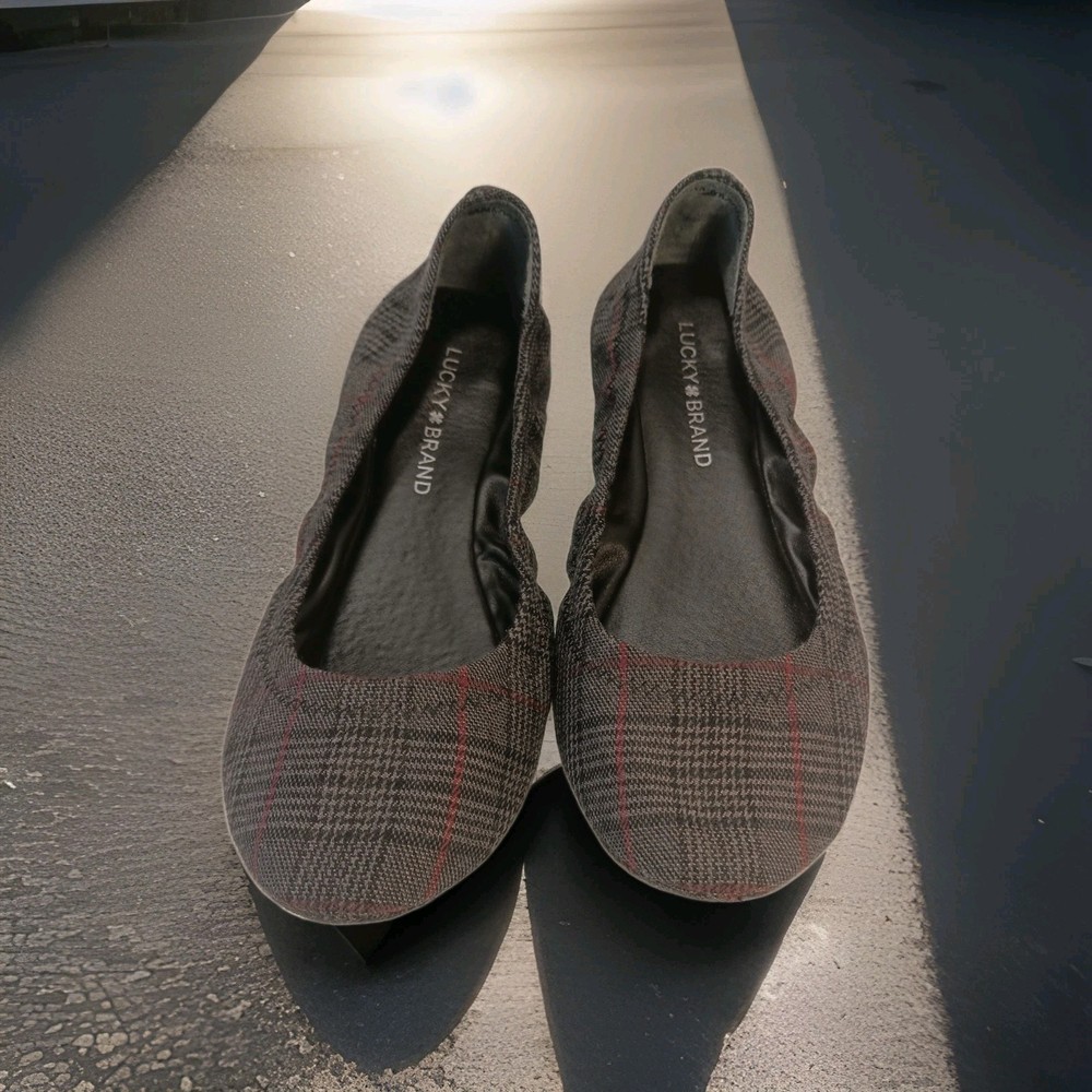 LUCKY BRAND Erin Women's Ballet Flats Slip On, Charcoal Gray Black Red Plaid 7.5