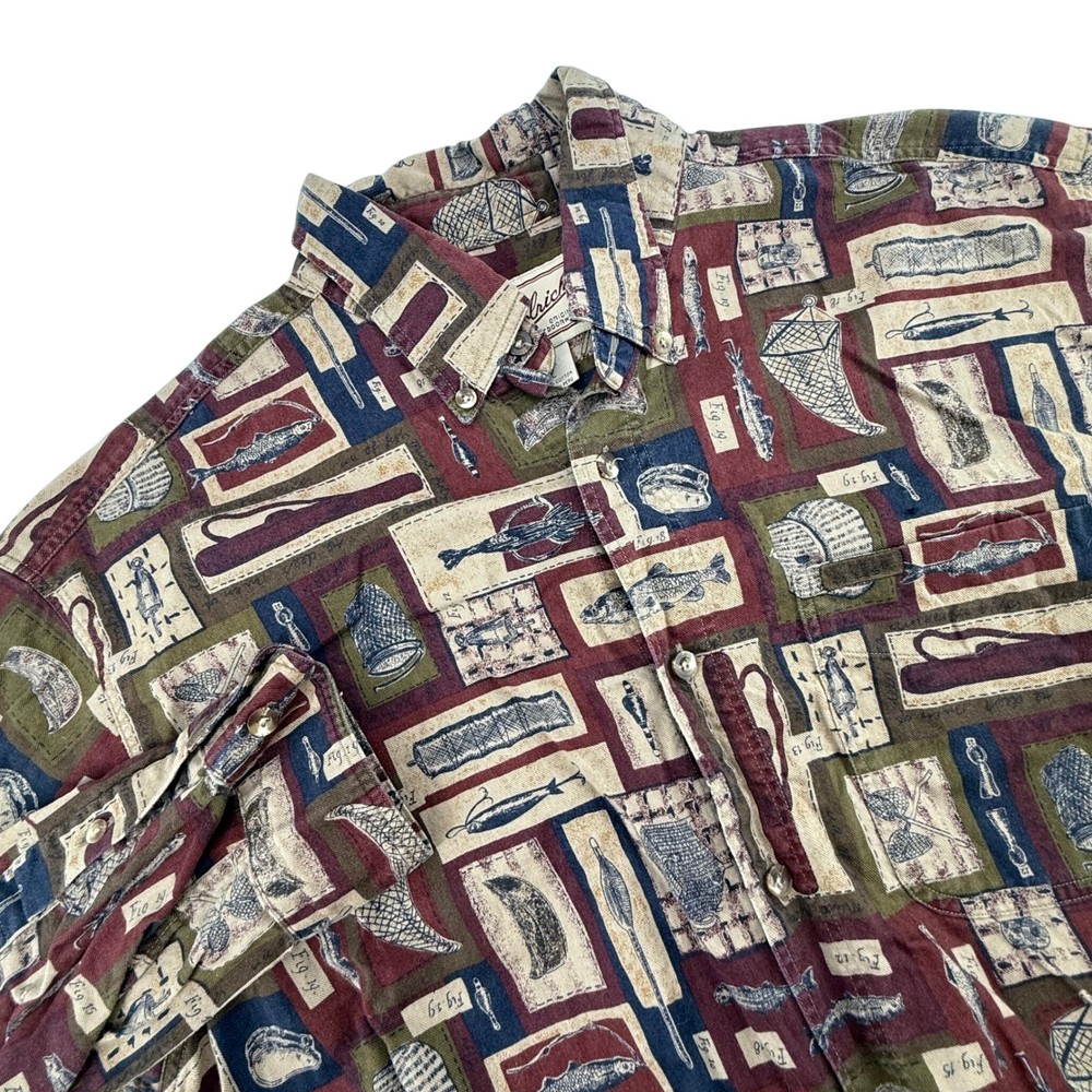 Vintage Woolrich Mens Long Sleeve Button Up Shirt Size L Fishing Print Casual