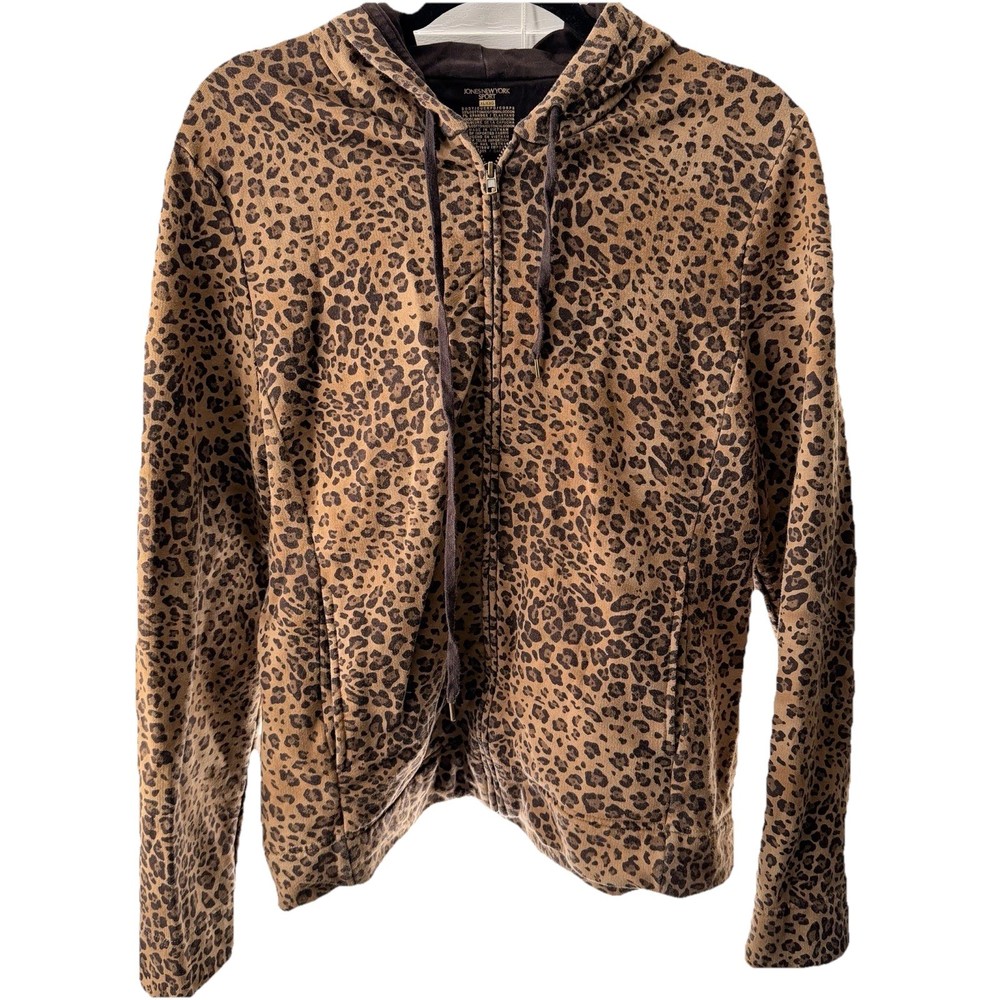Jones New York Sport Leopard Print Zip-Up Hoodie Sweatshirt Women's XL Cheetah