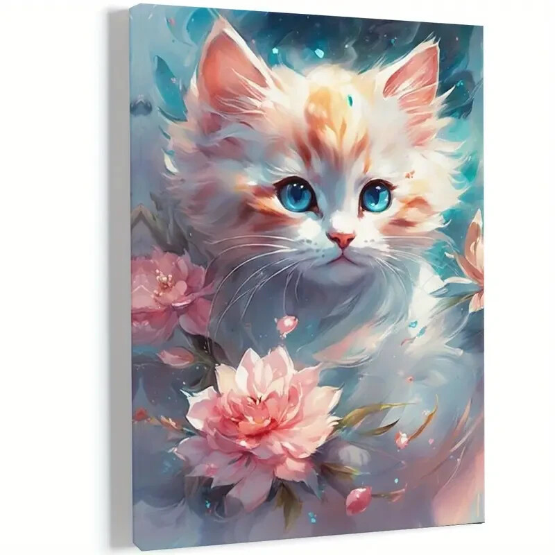 Painting of a Cat with Blue Eyes and Flowers Wall Art  Canvas Unframed/Framed