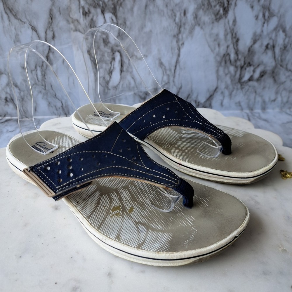 Clarks Womens Size 10M Blue Gray Adjustable Flip Flops Man Made Sole