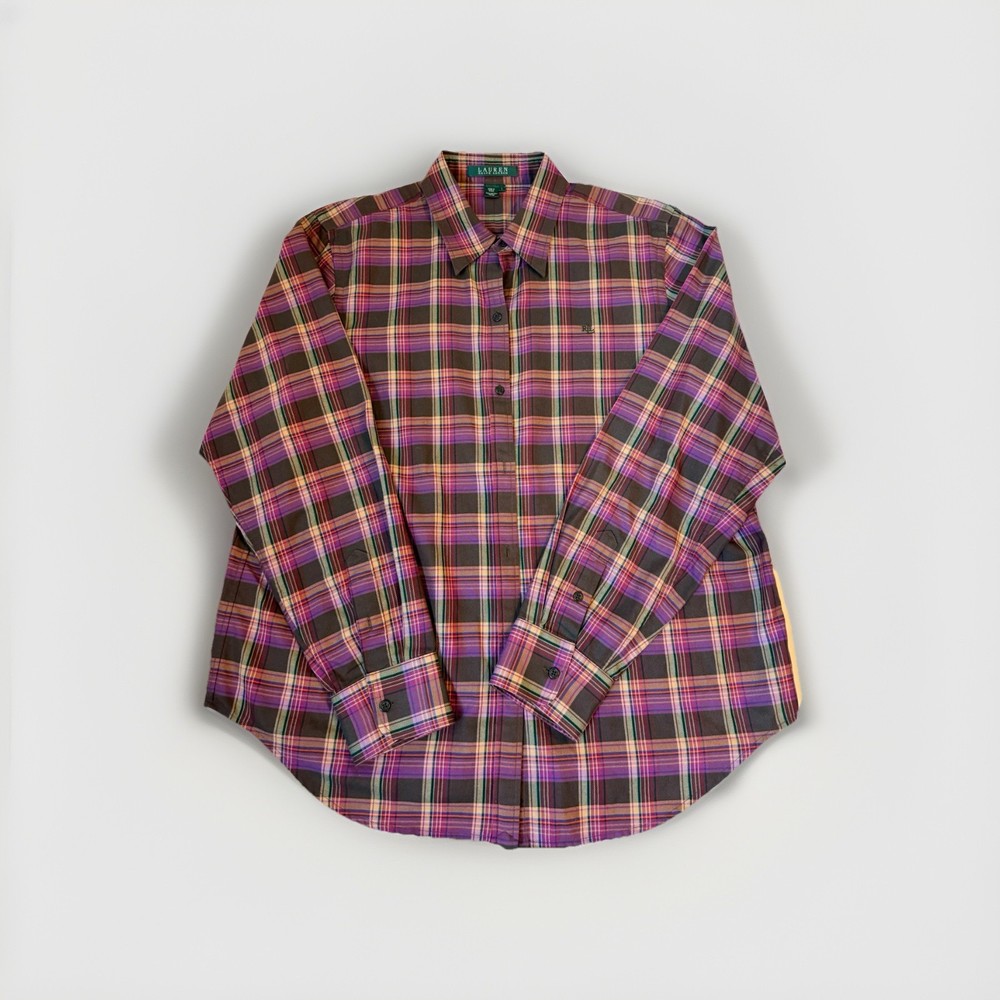 Lauren Ralph Lauren Womens Button Shirt Plaid Brown Purple Long Sleeve Cotton L