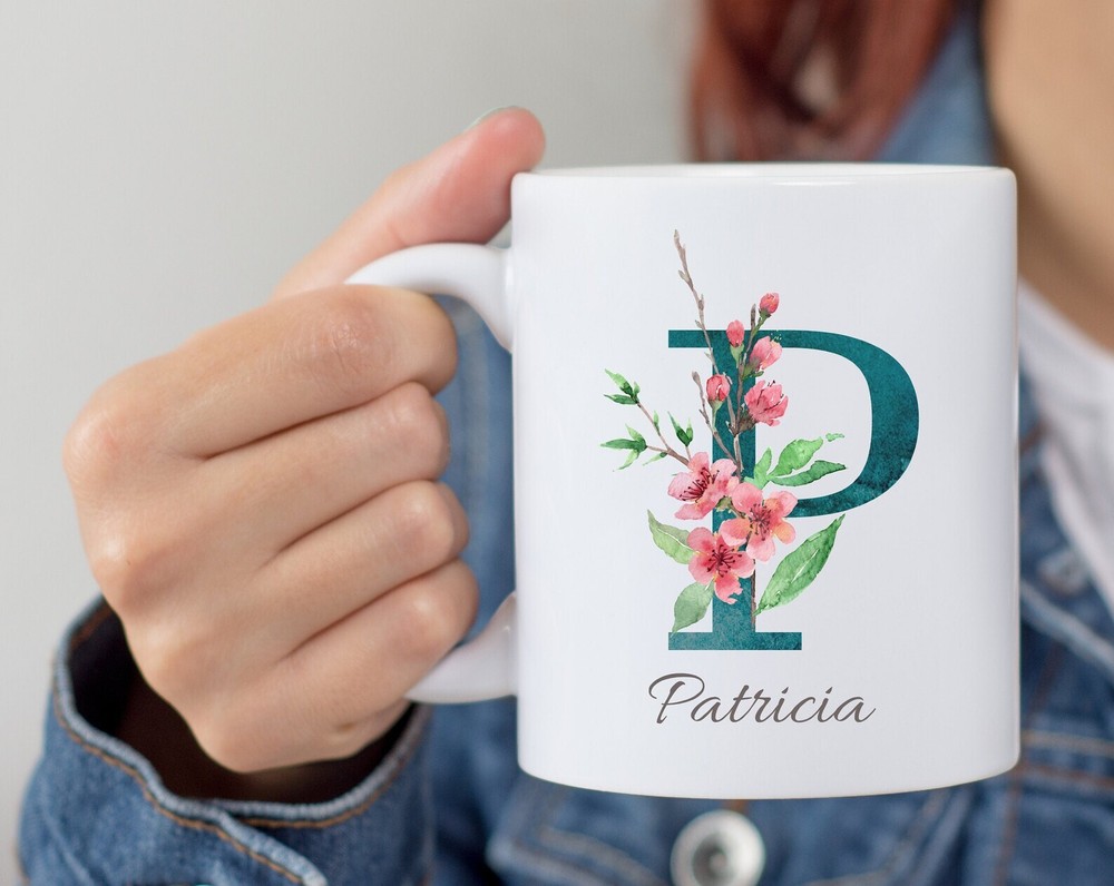 Personalized Monogram Initial Name Mug Floral Alphabet Cup Birthday Gift