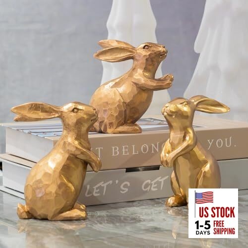 Resin Vintage Gold Bunny Decor Rabbit Figurines, Small Easter Bunny Figurine