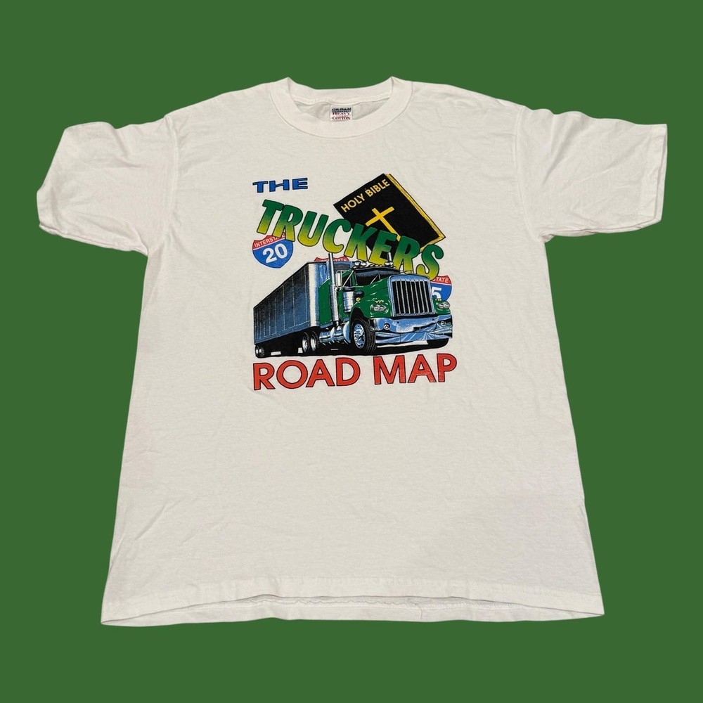Vtg Jesus Truckers Road Map Shirt Mens Large White Holy Bible Trucker Graphic