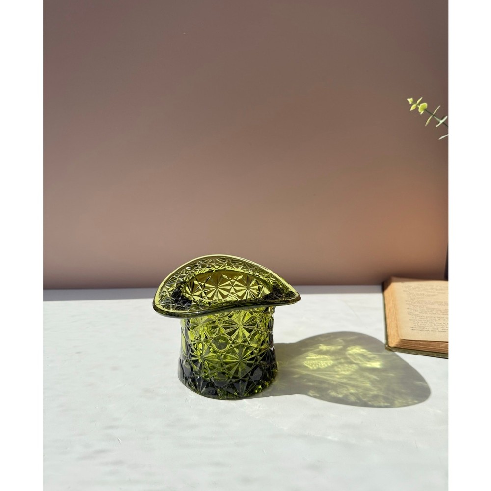 Vintage Fenton Daisy Button Green Glass Top Hat Toothpick Holder | Pressed Glass