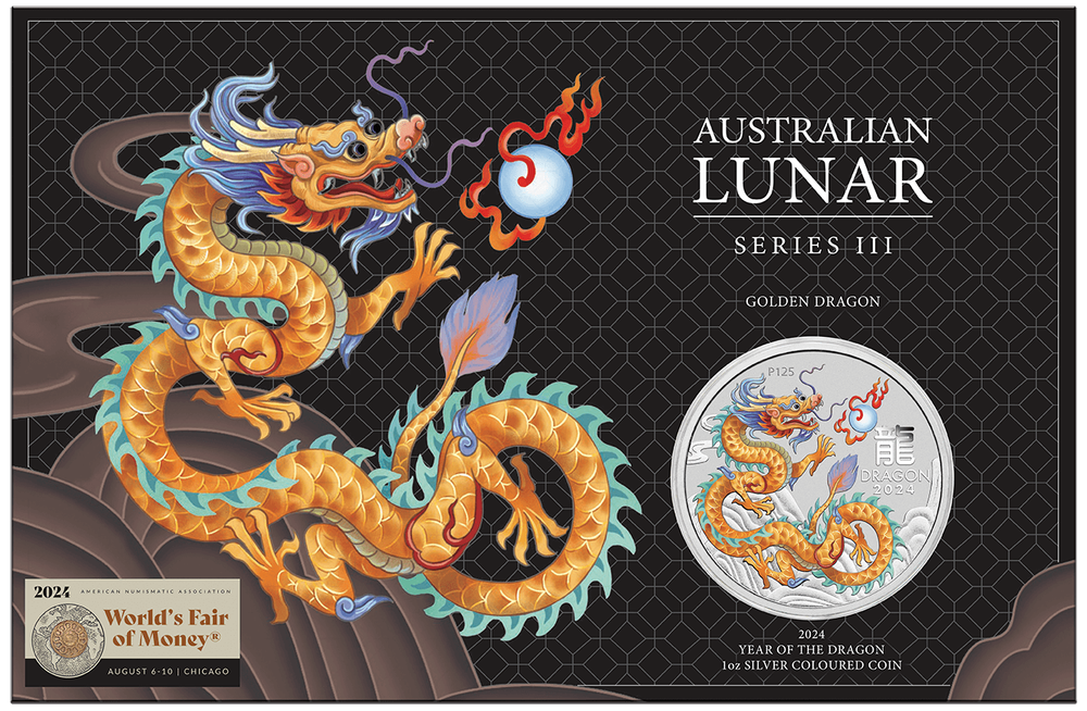2024 Australia ANA Lunar Golden Dragon 1oz Silver Colorized Coin in Card