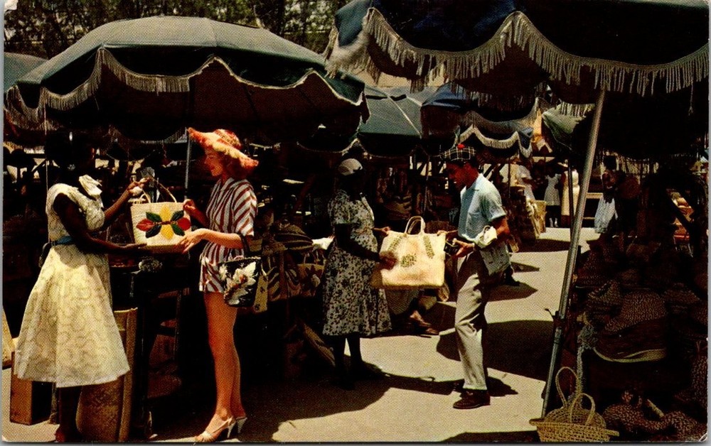 1958 Nassau Bahamas Rawson Square Straw Market Vintage Postcard