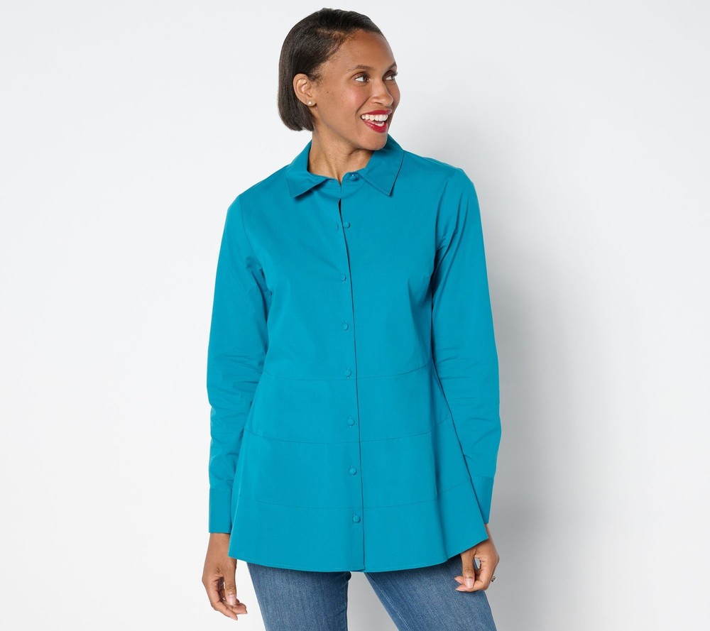 Isaac Mizrahi Live! Women's Top Sz 16 Poplin Shirt Tiered Peplum Blue A664011