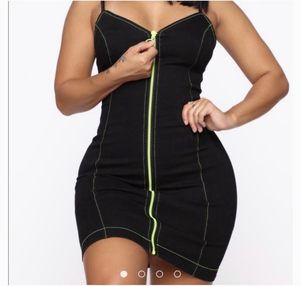 Fashion Nova Mesh Bodycon Mini Dress Black Neon Green Zipper Sweetheart M