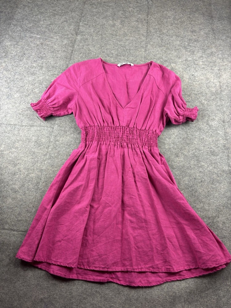 Zara Dress Linen Blend Short Sleeve Smocked Waist Tiered Ruffle Hem Pink Women M