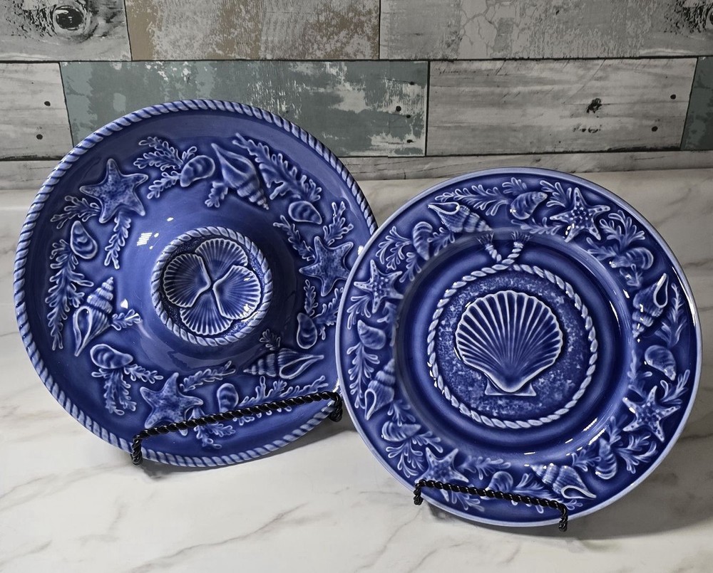 VINTAGE Bordallo Pinheiro Blue Ceramic Seashell Plate Dishes Made In Portugal