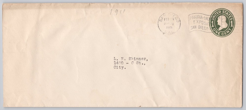 San Diego, CA — Panama-California Exposition cancel, one-cent indicia — 1915
