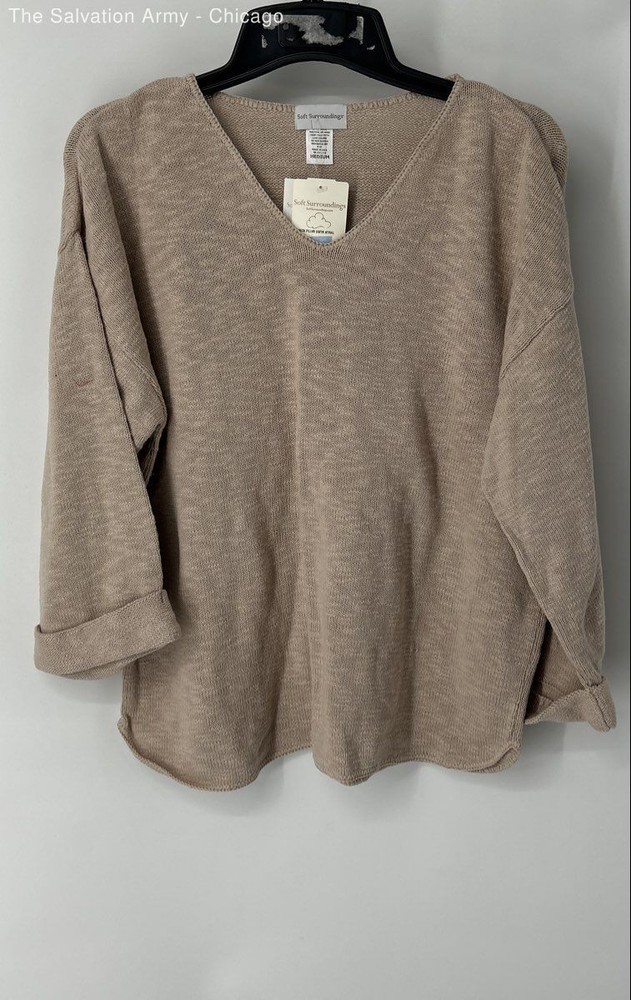 Soft Surroundings Womens Tan V-Neck Long Sleeve Pullover Sweater Size Medium
