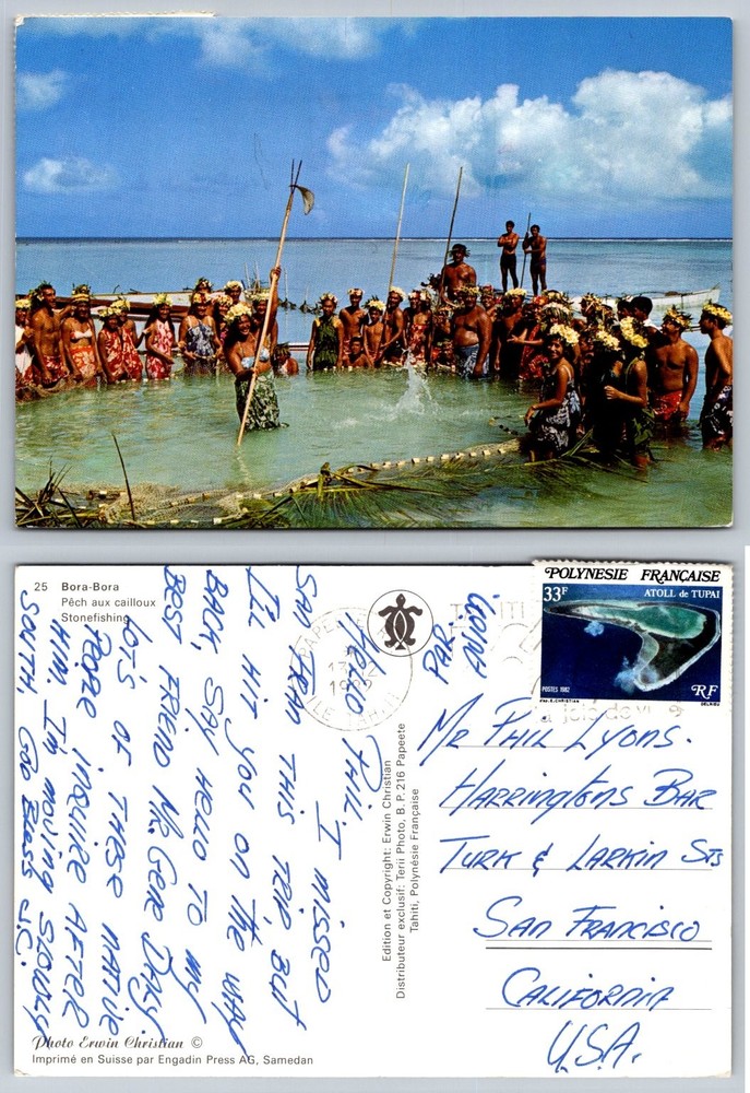 Bora-Bora Stonefishing Polynesia Postcard 1982 Erwin Christian Tahiti