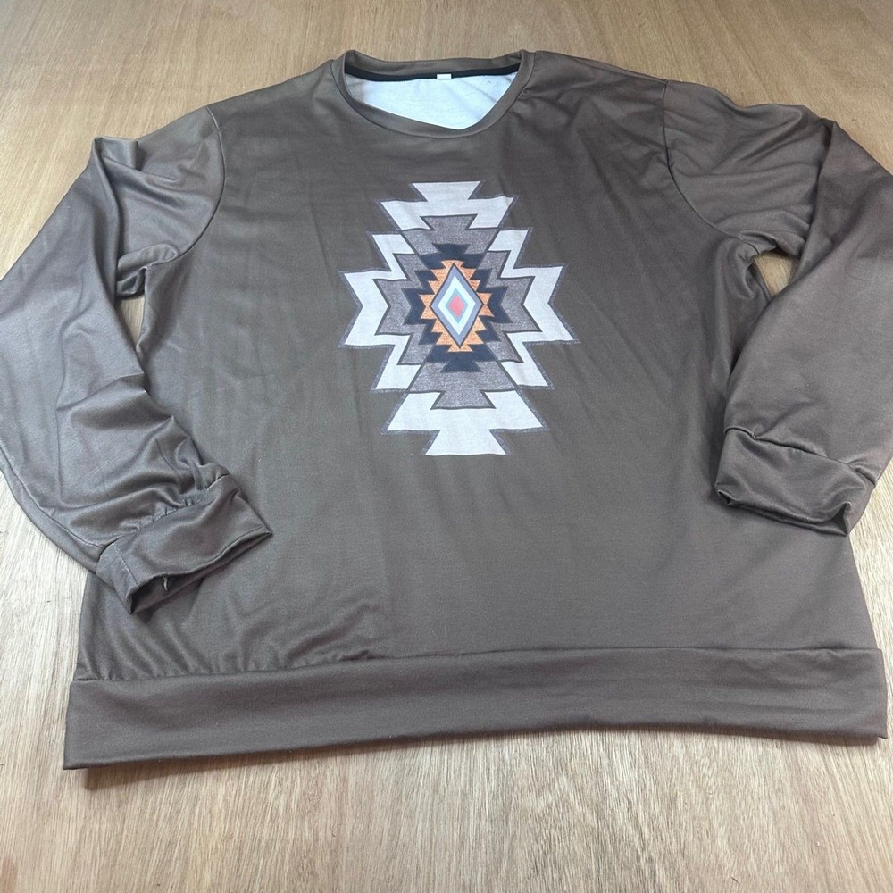 Southwestern Aztec Print Brown Pullover Sweatshirt Women’s Large
