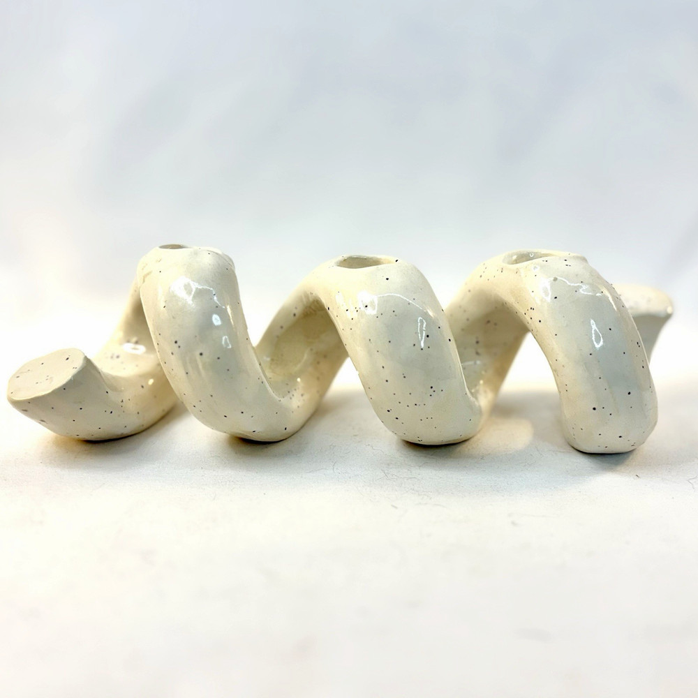 Ceramic Coil Candlestick Handcrafted USA Speckled Flecks Taper NJ Beige Holiday